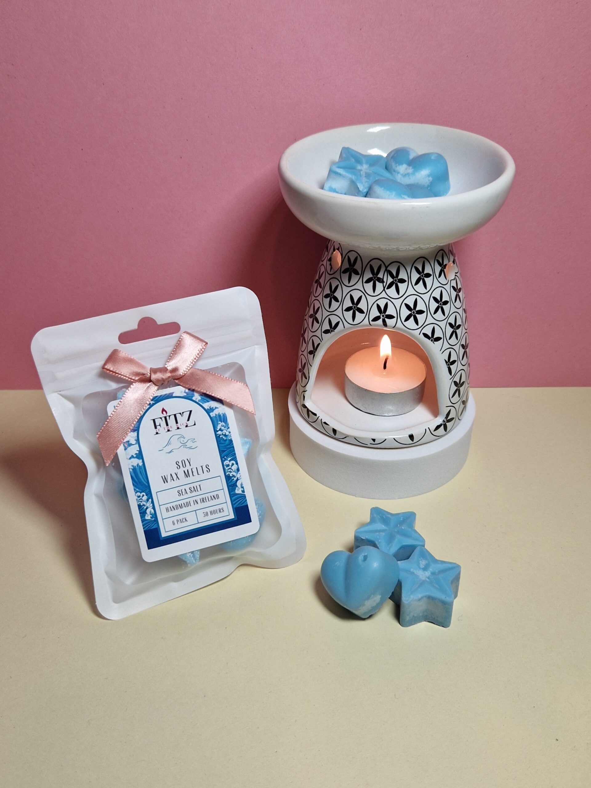 Sea Salt wax melts in a packet next to a wax burner